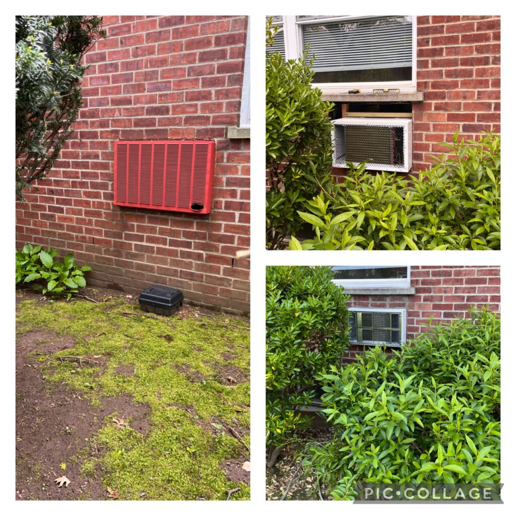 Collage of three outdoor images showing a brick house with window AC units and surrounding greenery, including bushes and a mossy ground area.